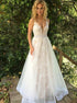 A Line V Neck Champagne Tulle Lace Prom Dress with Beadings LBQ0914